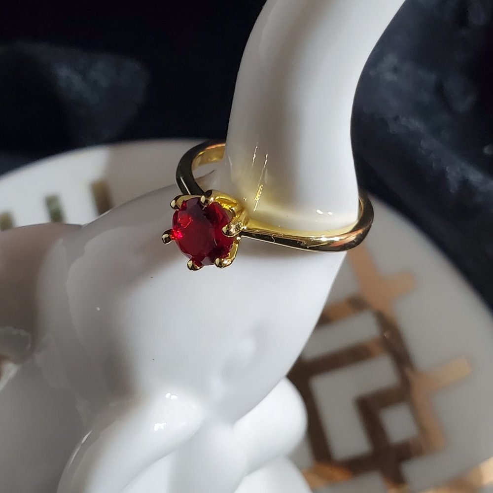 Poppy Engagement Ring 1k CZ Solitaire - Ruby Red on Yellow Gold - Picture 7 of 11